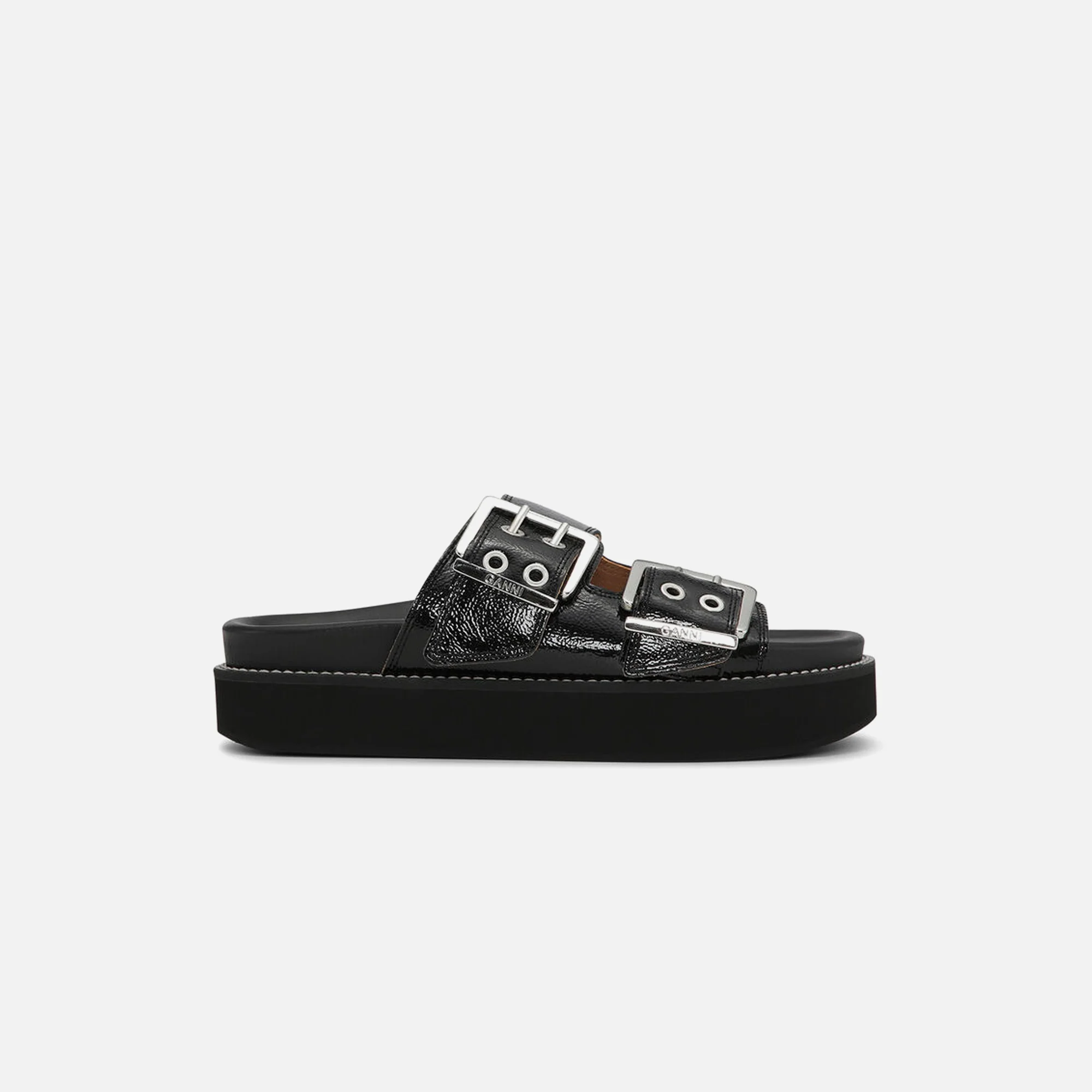 Ganni Wide Welt Chunky Buckle Flat Sandal - Naplack Black