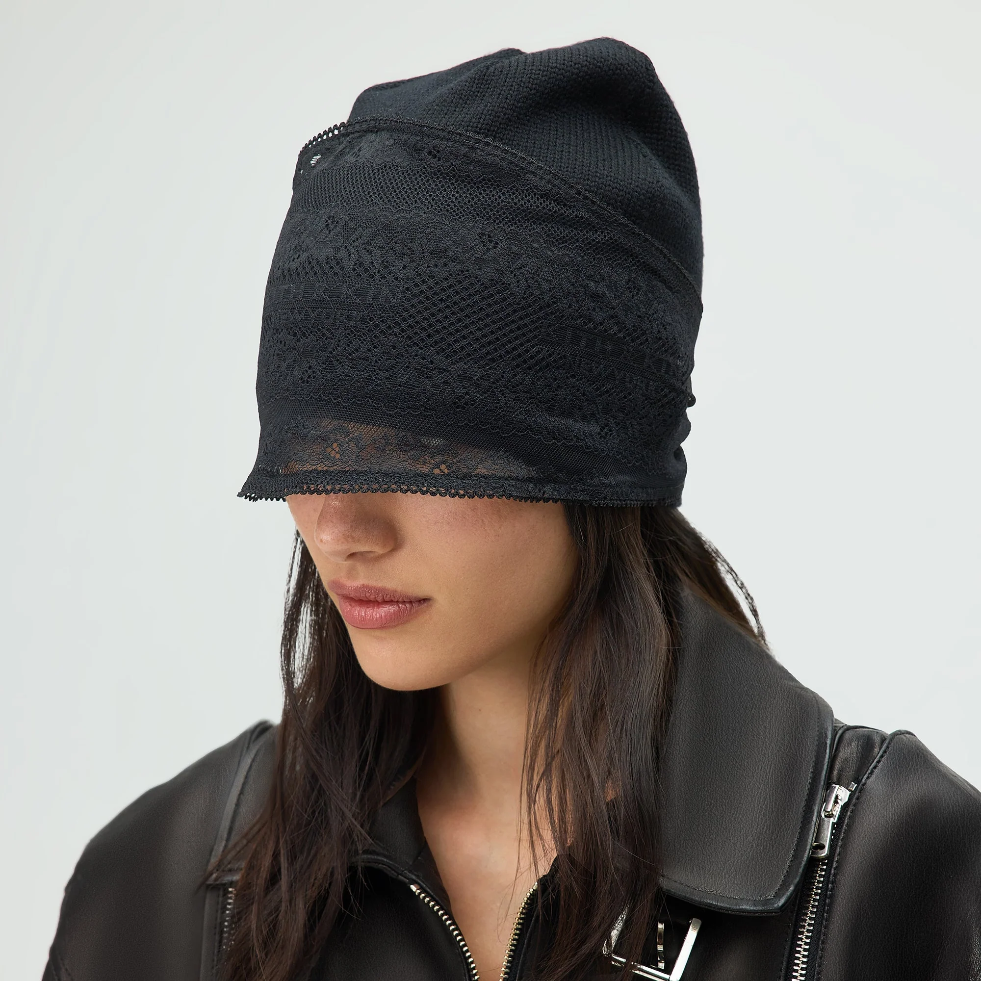 Lisa for Kith Women Cuffless Beanie With Lace Veil - Black - Image 3