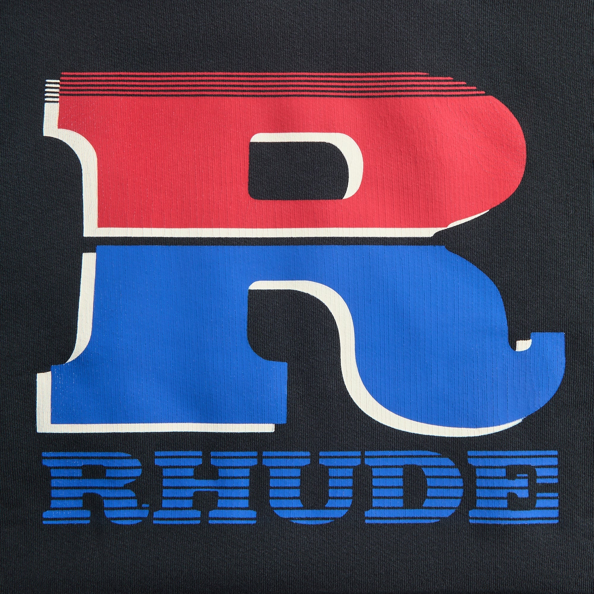 Rhude Split Petrol Logo Hoodie - Vintage Black / Red / Blue - Image 3