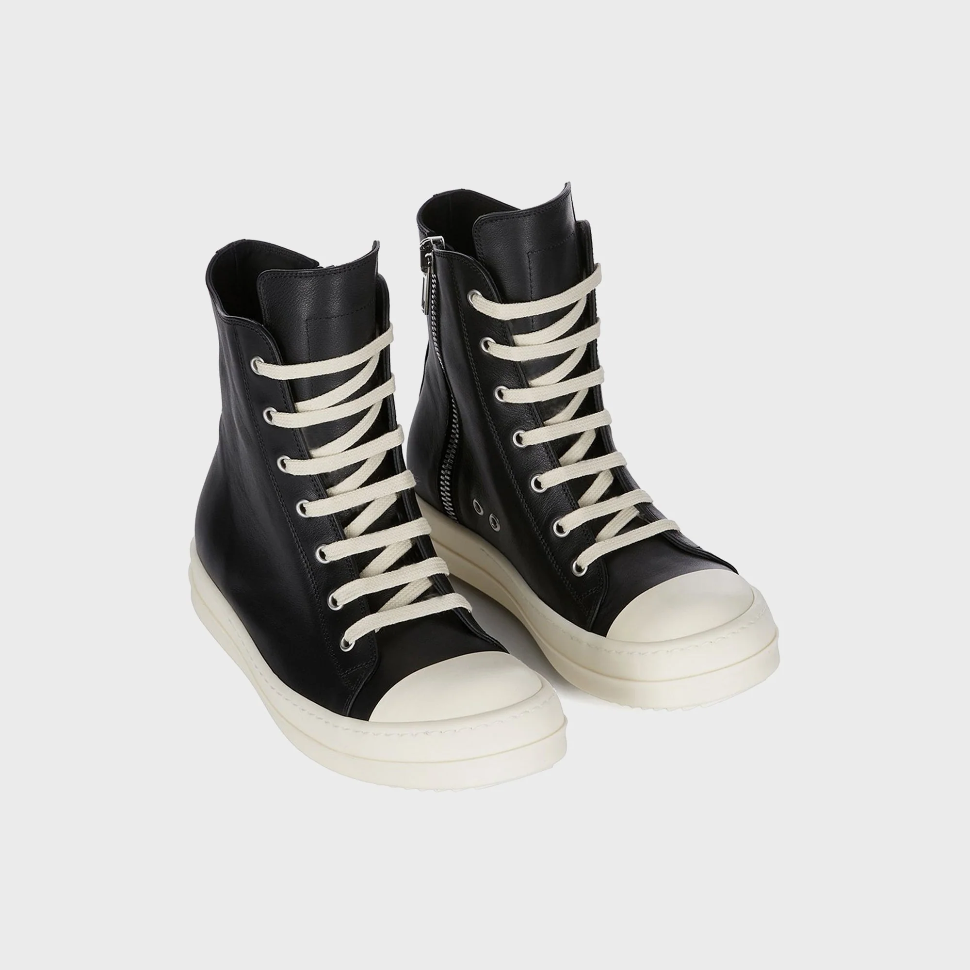 Rick Owens Leather Sneakers Scarpe in Pelle - Black / Milk / Milk - Image 2