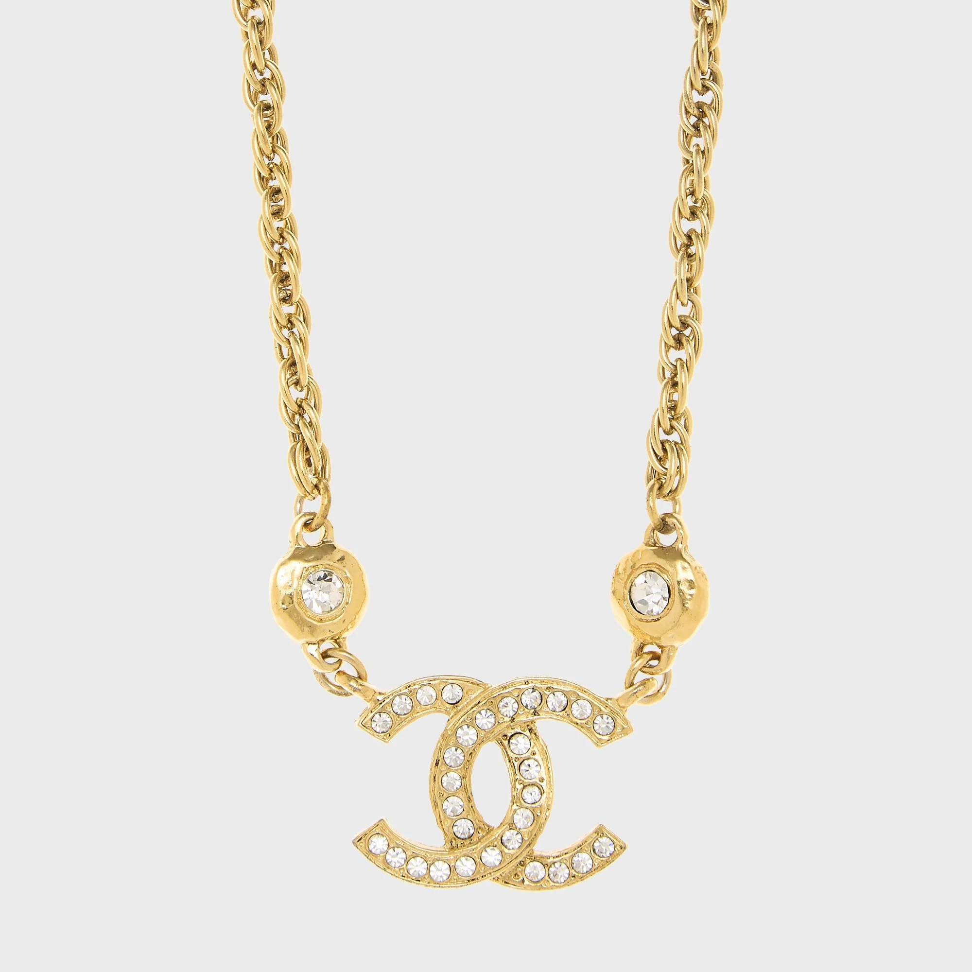WGACA Chanel Crystal CC Logo Pendant Necklace - Gold - Image 2