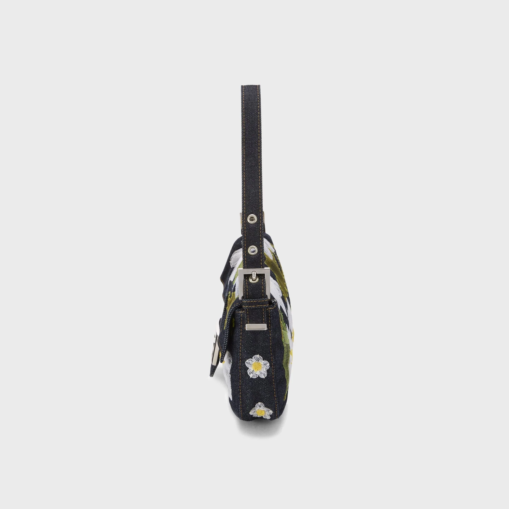 WGACA Fendi Denim Floral Embroidered Mama Baguette Shoulder Bag - Navy - Image 4